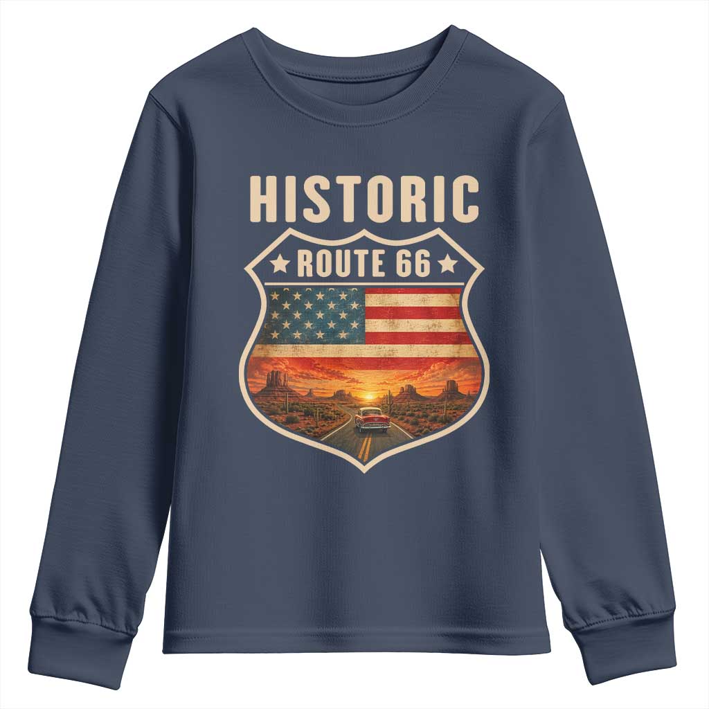 Historic Highway 66 Youth Sweatshirt Vintage American Road Sign Americana Road Trip TS14 Navy Print Your Wear