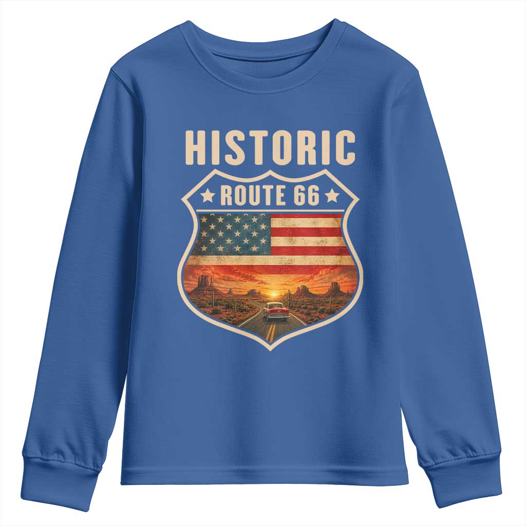 Historic Highway 66 Youth Sweatshirt Vintage American Road Sign Americana Road Trip TS14 Royal Blue Print Your Wear