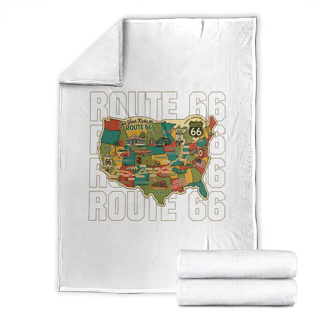 Route Highway 66 Travel Map 100th Anniversary 1926-2026 Throw Blanket Vintage Americana Centennial Road Trip Souvenir TS14 White Print Your Wear