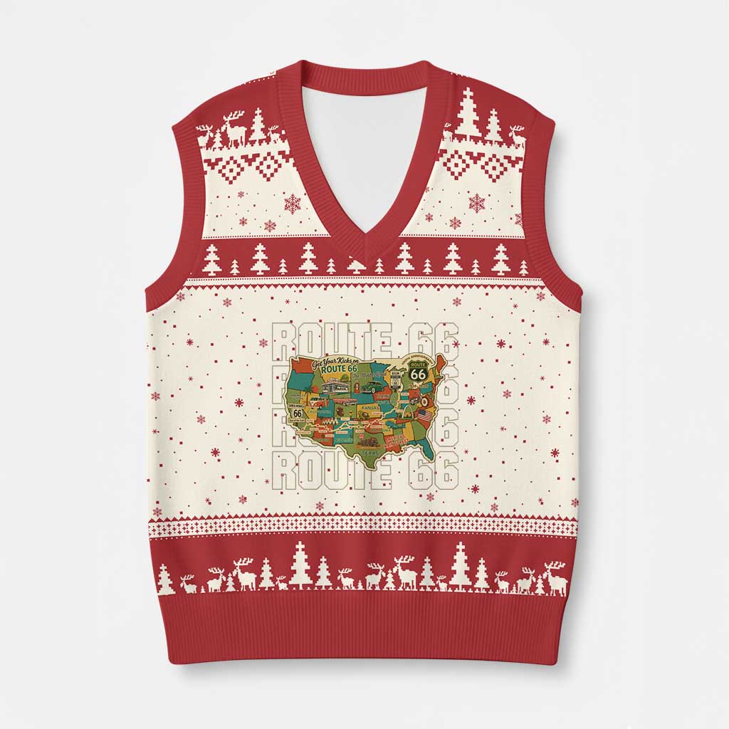 Route Highway 66 Travel Map 100th Anniversary 1926-2026 V-Neck Knit Sweater Vest Vintage Americana Centennial Road Trip Souvenir TS14 Beige Red Print Your Wear