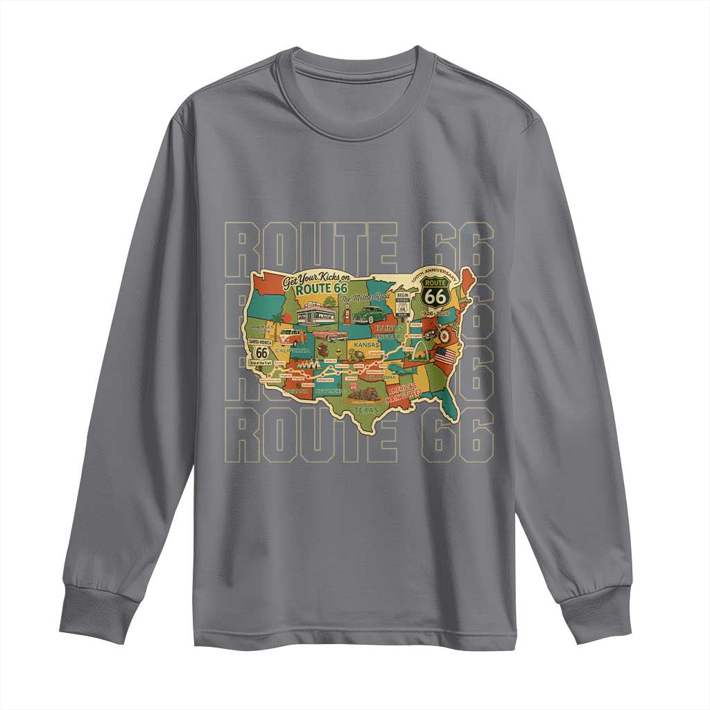 Highway 66 Travel Map 100th Anniversary 1926-2026 Long Sleeve Shirt Vintage Americana Centennial Road Trip Souvenir