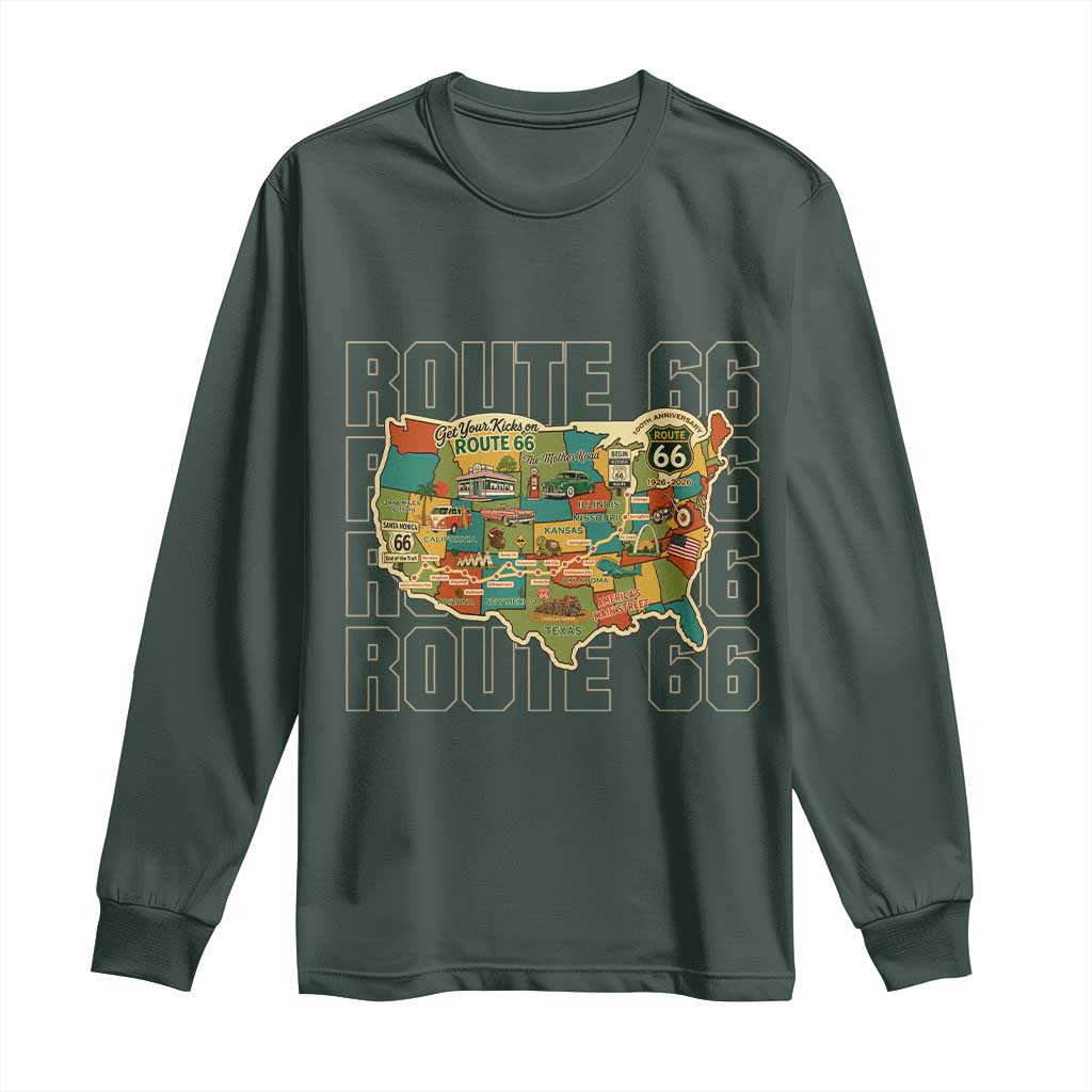 Highway 66 Travel Map 100th Anniversary 1926-2026 Long Sleeve Shirt Vintage Americana Centennial Road Trip Souvenir