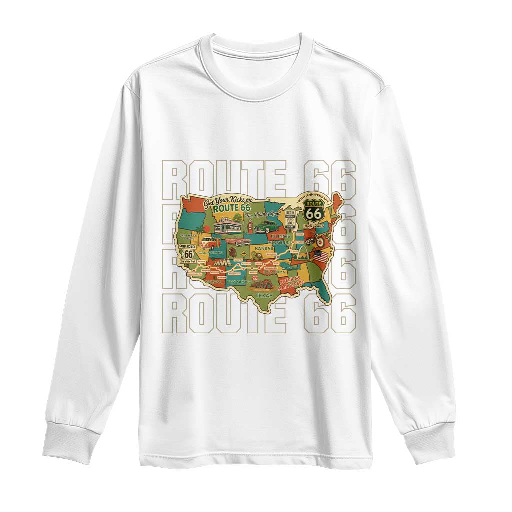 Highway 66 Travel Map 100th Anniversary 1926-2026 Long Sleeve Shirt Vintage Americana Centennial Road Trip Souvenir TS14 White Print Your Wear