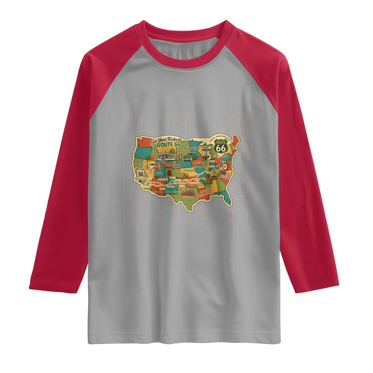 Highway 66 Travel Map 100th Anniversary 1926-2026 Raglan Shirt Vintage Americana Centennial Road Trip Souvenir