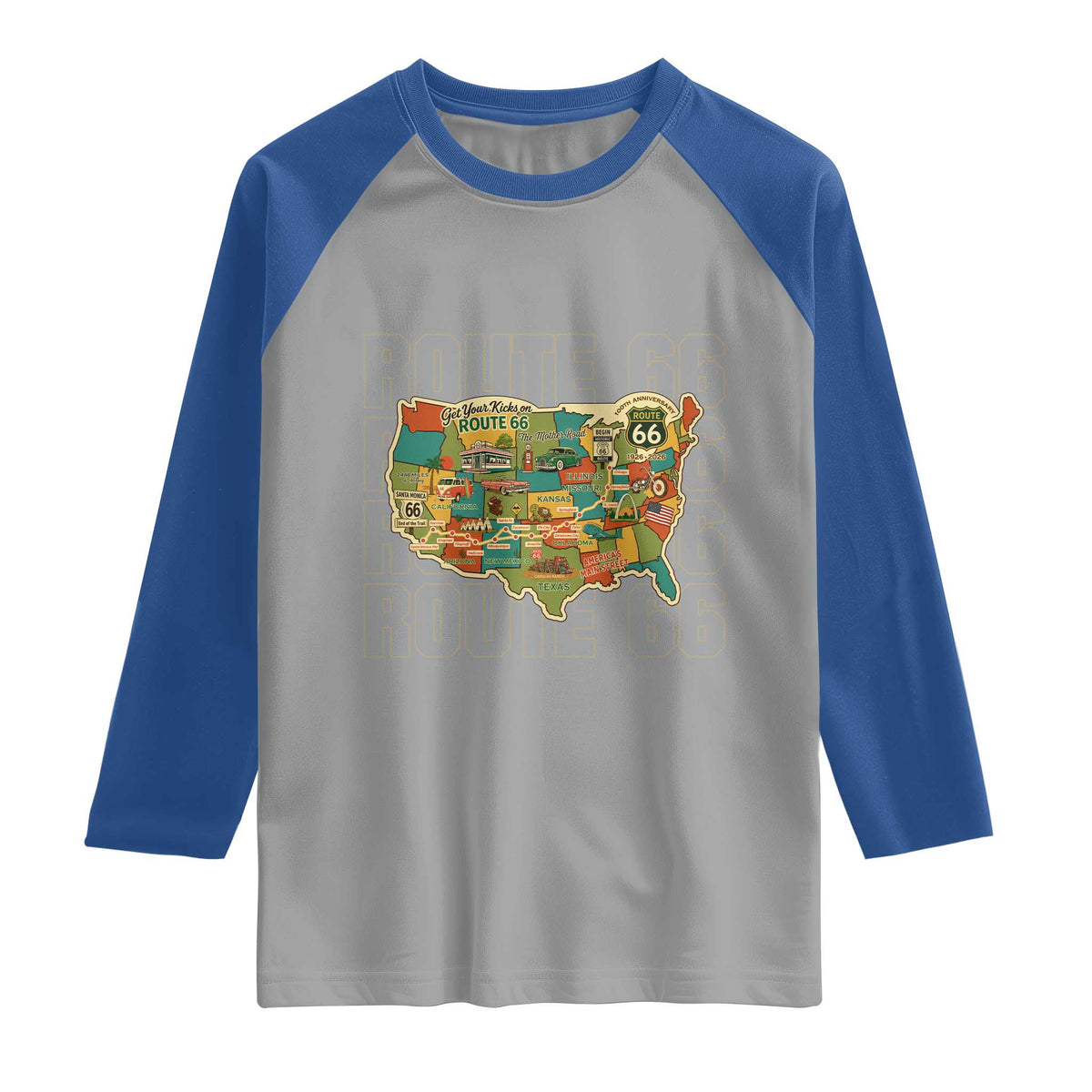 Highway 66 Travel Map 100th Anniversary 1926-2026 Raglan Shirt Vintage Americana Centennial Road Trip Souvenir