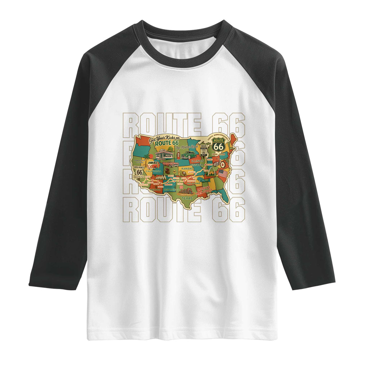 Highway 66 Travel Map 100th Anniversary 1926-2026 Raglan Shirt Vintage Americana Centennial Road Trip Souvenir