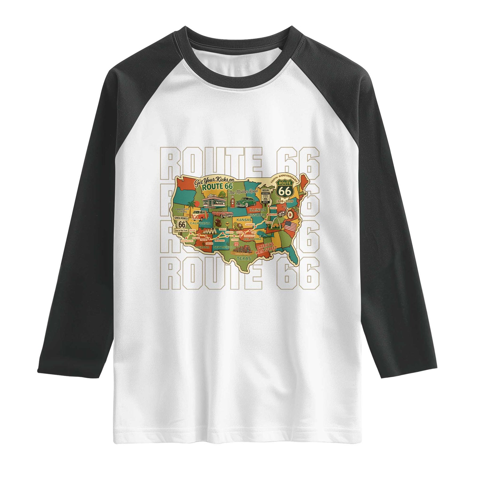 Route Highway 66 Travel Map 100th Anniversary 1926-2026 Raglan Shirt Vintage Americana Centennial Road Trip Souvenir TS14 White Black Print Your Wear