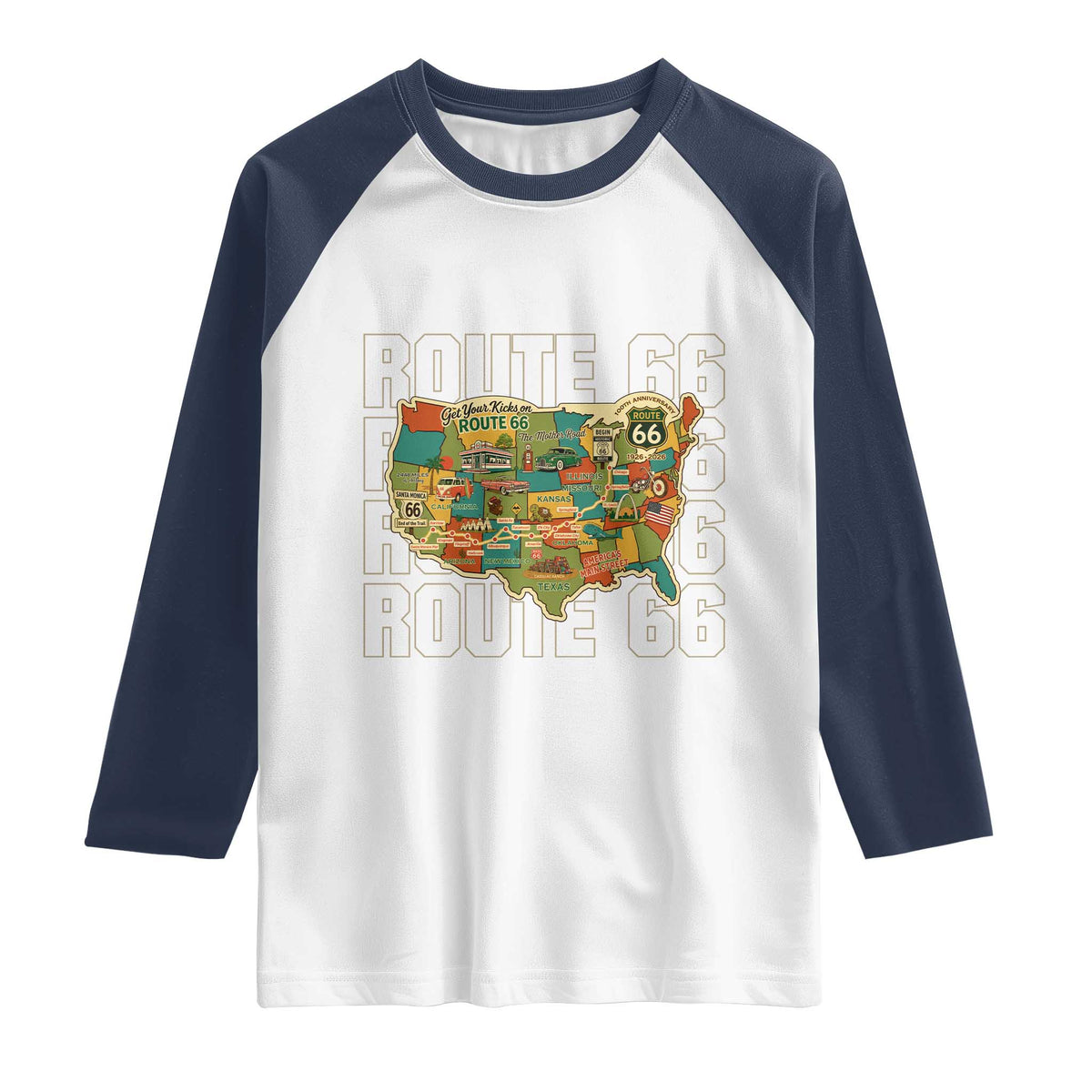 Highway 66 Travel Map 100th Anniversary 1926-2026 Raglan Shirt Vintage Americana Centennial Road Trip Souvenir