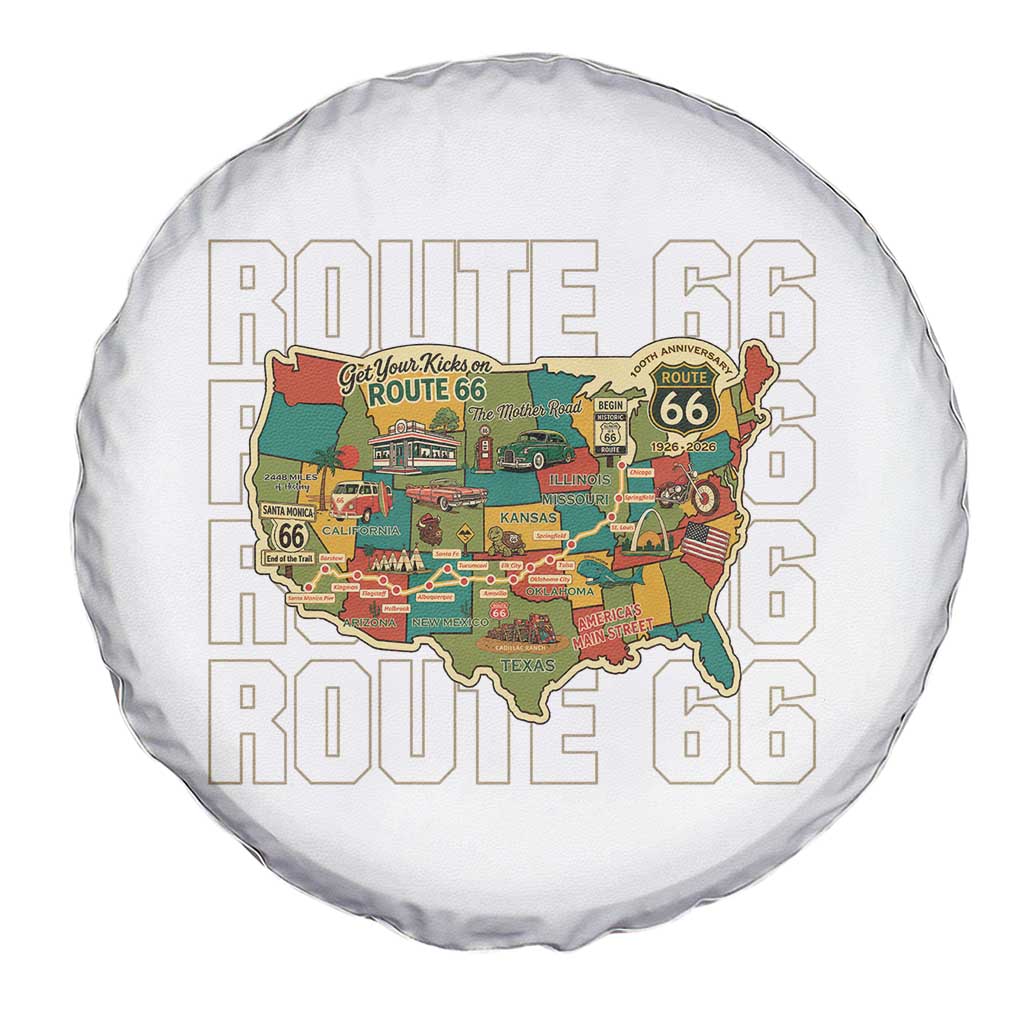 Highway 66 Travel Map 100th Anniversary 1926-2026 Spare Tire Cover Vintage Americana Centennial Road Trip Souvenir