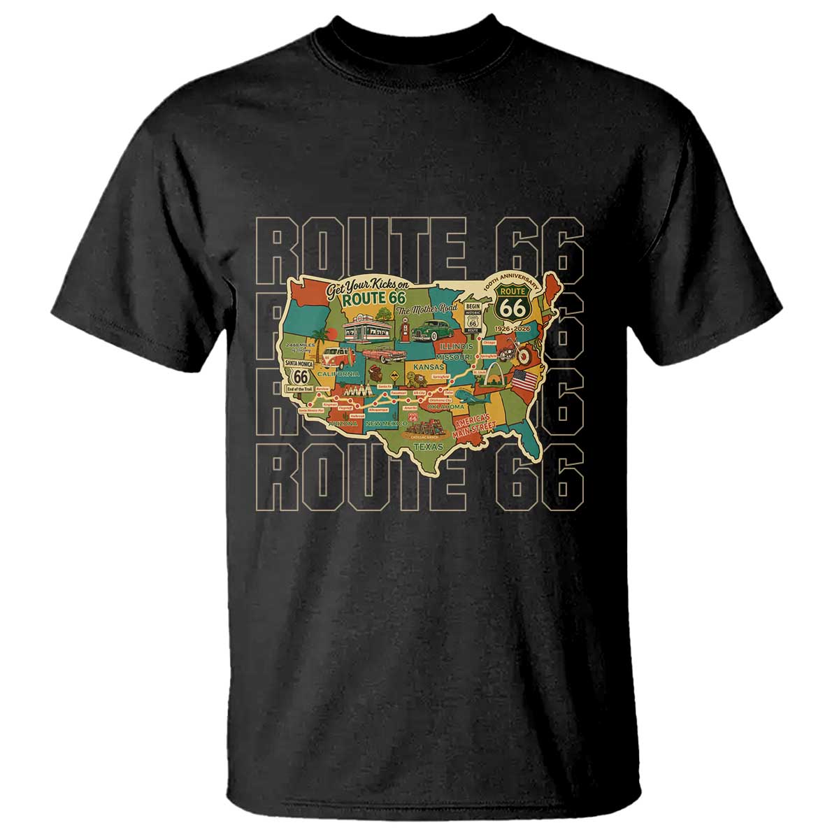 Highway 66 Travel Map 100th Anniversary 1926-2026 T Shirt Vintage Americana Centennial Road Trip Souvenir