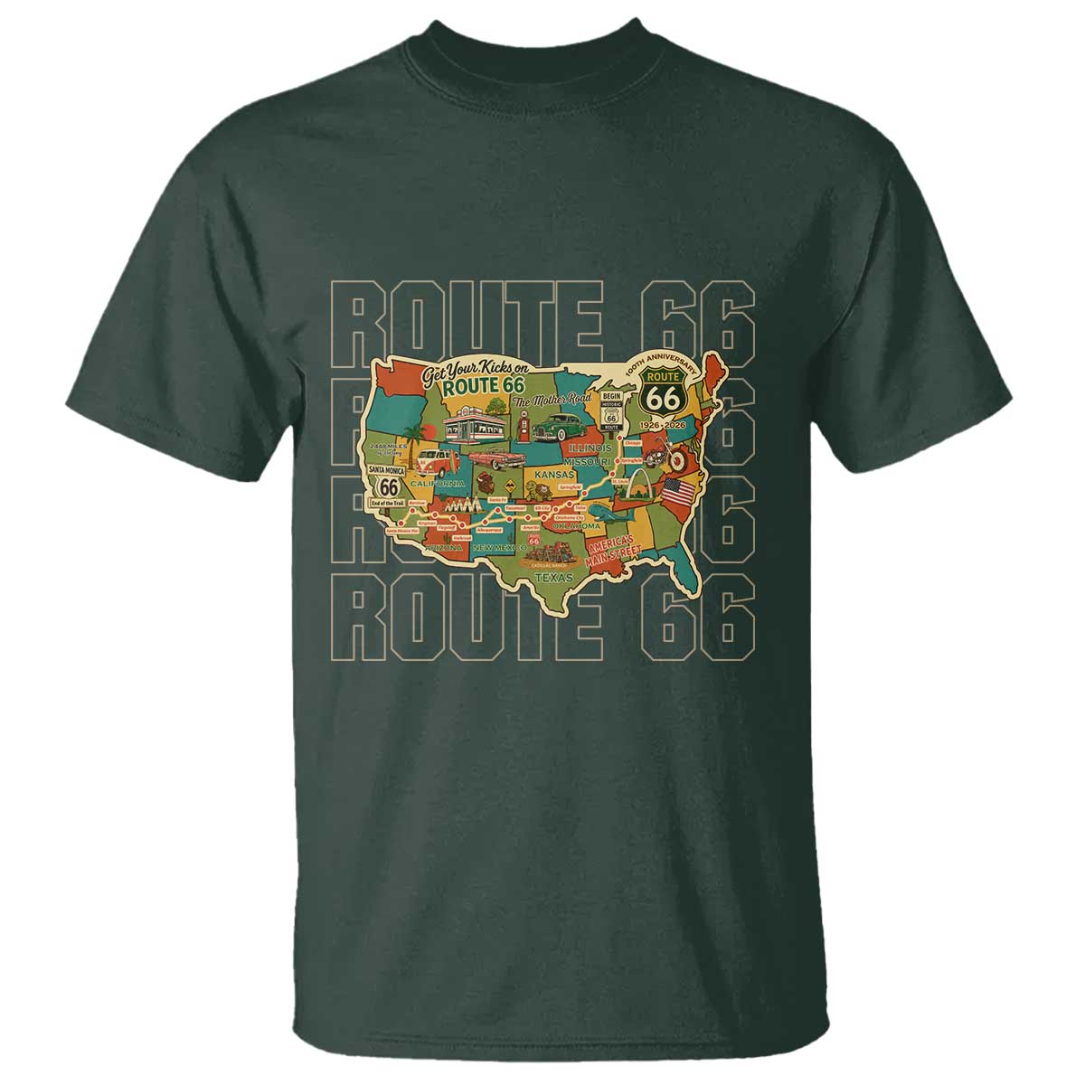 Highway 66 Travel Map 100th Anniversary 1926-2026 T Shirt Vintage Americana Centennial Road Trip Souvenir