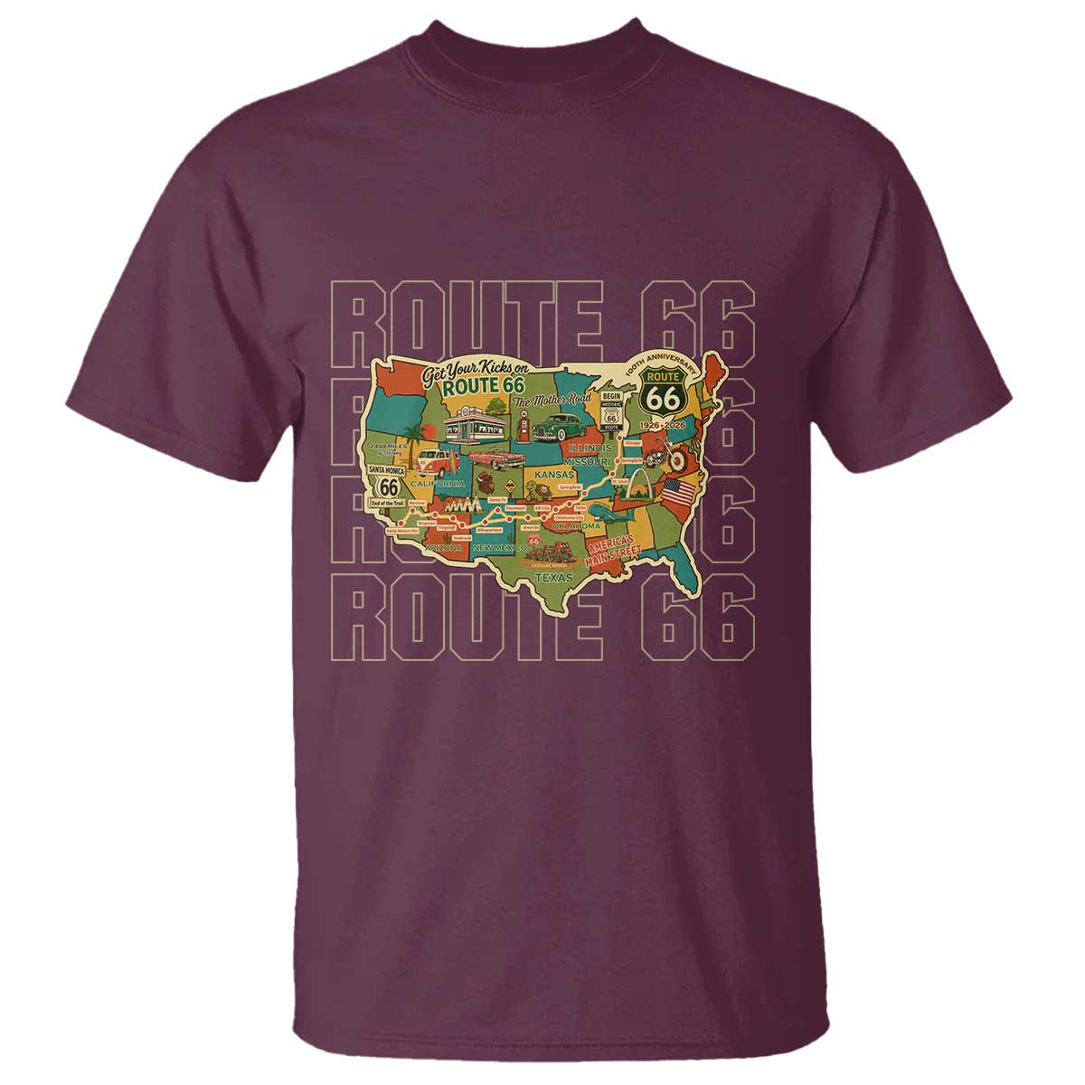 Highway 66 Travel Map 100th Anniversary 1926-2026 T Shirt Vintage Americana Centennial Road Trip Souvenir