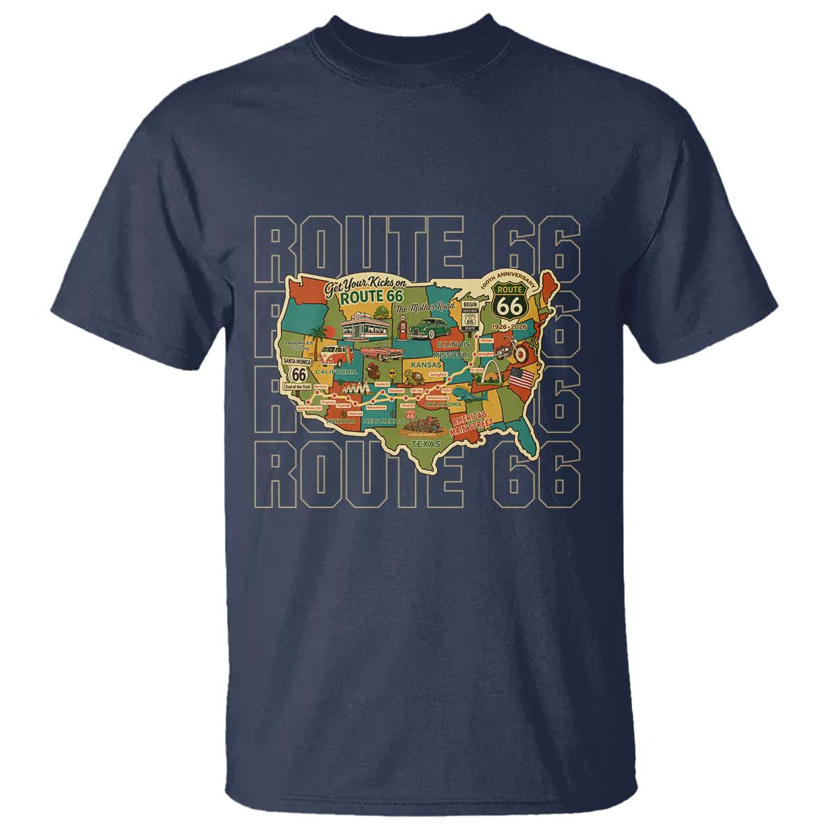 Highway 66 Travel Map 100th Anniversary 1926-2026 T Shirt Vintage Americana Centennial Road Trip Souvenir