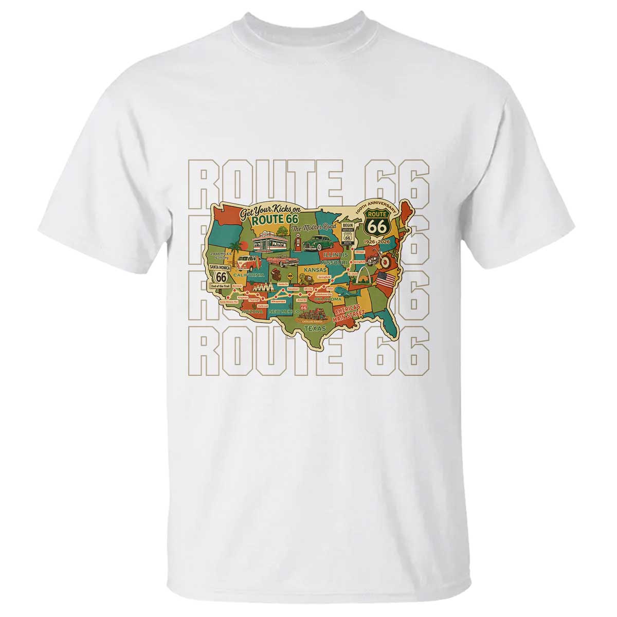 Highway 66 Travel Map 100th Anniversary 1926-2026 T Shirt Vintage Americana Centennial Road Trip Souvenir