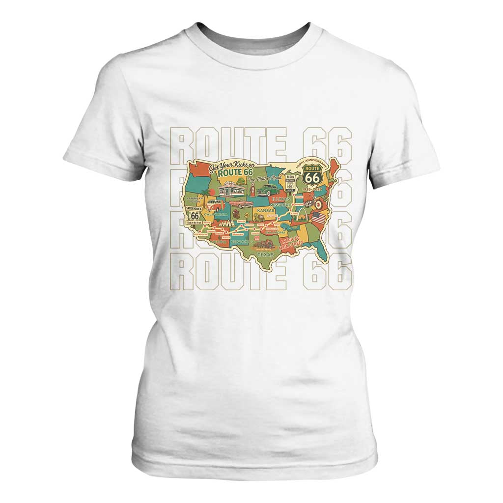 Highway 66 Travel Map 100th Anniversary 1926-2026 T Shirt For Women Vintage Americana Centennial Road Trip Souvenir TS14 White Print Your Wear