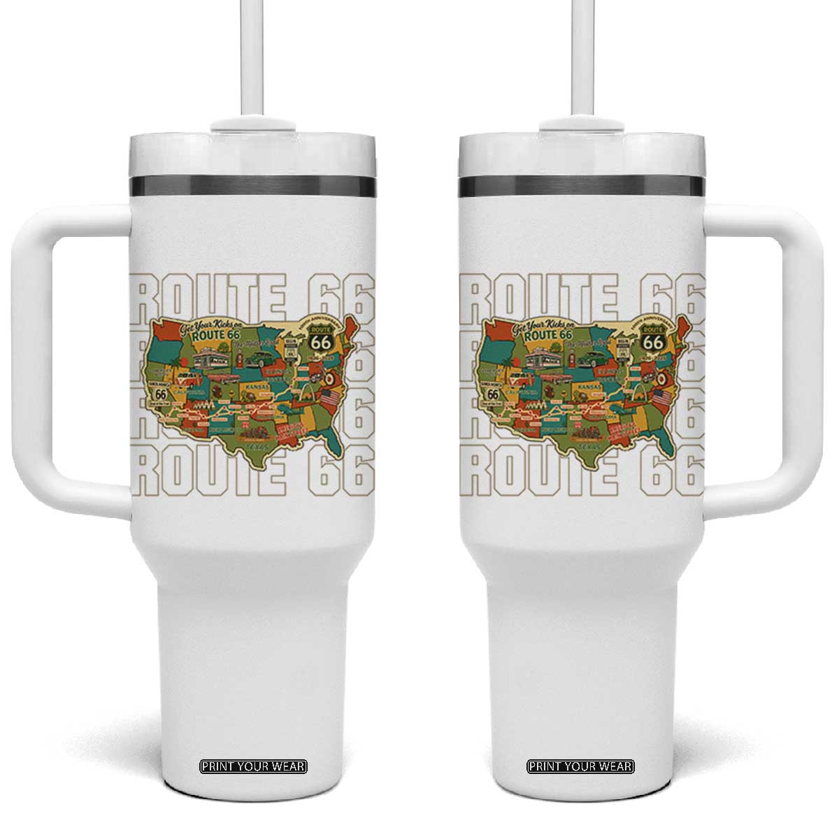 Highway 66 Travel Map 100th Anniversary 1926-2026 Tumbler With Handle Vintage Americana Centennial Road Trip Souvenir TS14 One Size: 40 oz White Print Your Wear
