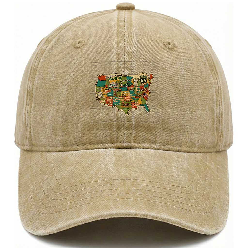 Route Highway 66 Travel Map 100th Anniversary 1926-2026 Washed Cotton Baseball Cap Vintage Americana Centennial Road Trip Souvenir TS14 Print Your Wear