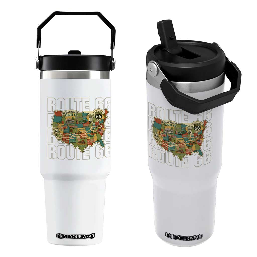 Route Highway 66 Travel Map 100th Anniversary 1926-2026 Flip Straw Tumbler Vintage Americana Centennial Road Trip Souvenir TS14 One Size: 30 oz White Print Your Wear