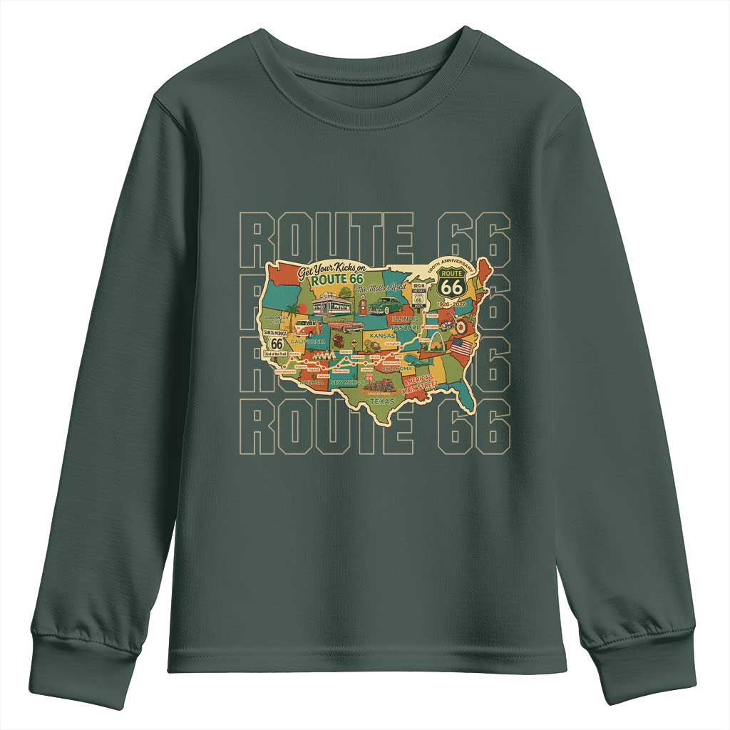 Highway 66 Travel Map 100th Anniversary 1926-2026 Youth Sweatshirt Vintage Americana Centennial Road Trip Souvenir