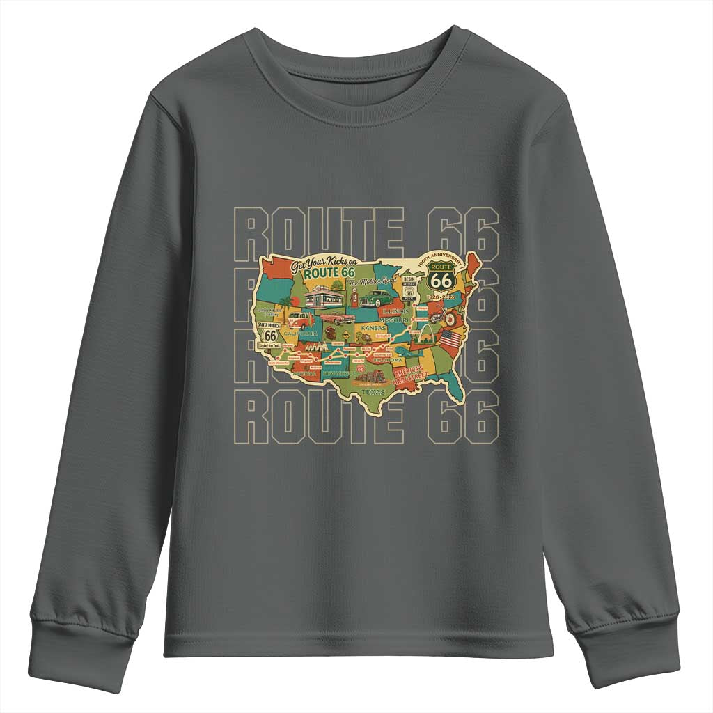 Highway 66 Travel Map 100th Anniversary 1926-2026 Youth Sweatshirt Vintage Americana Centennial Road Trip Souvenir