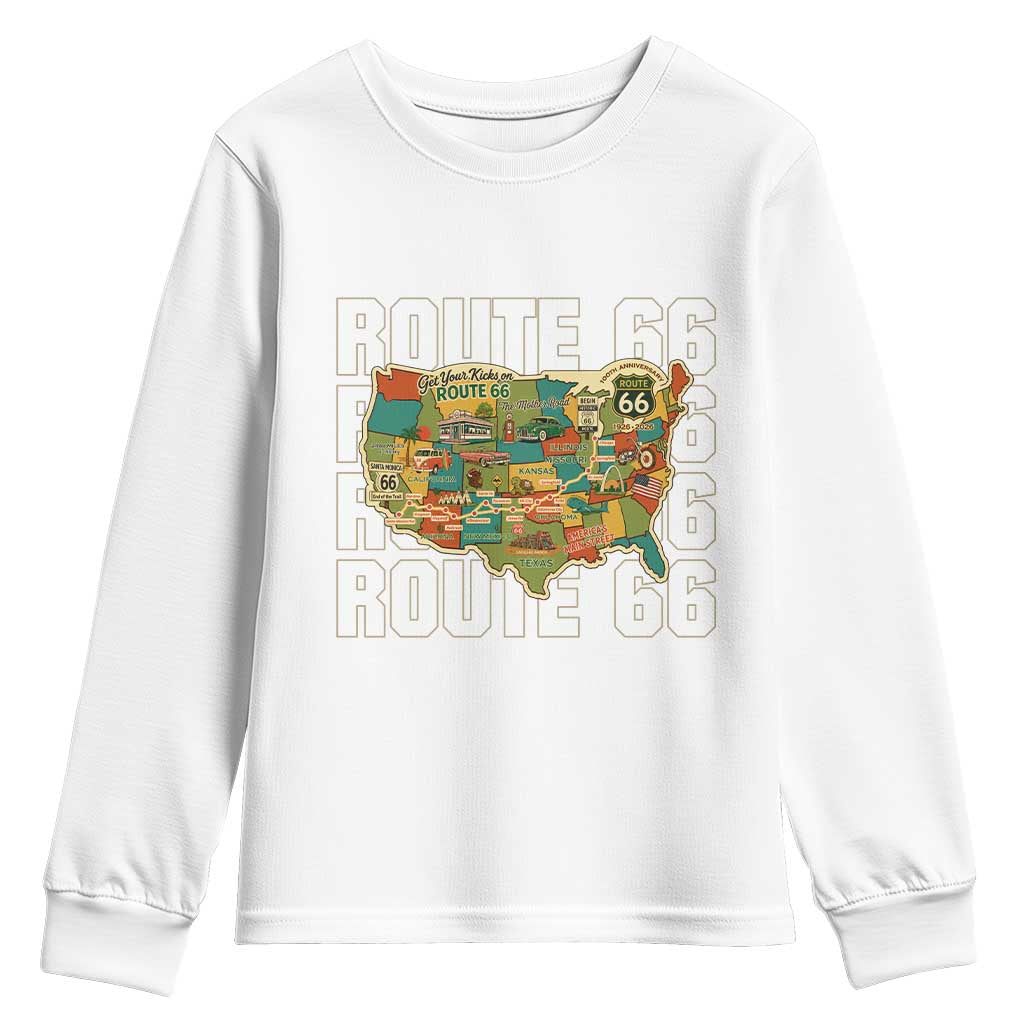 Route Highway 66 Travel Map 100th Anniversary 1926-2026 Youth Sweatshirt Vintage Americana Centennial Road Trip Souvenir TS14 White Print Your Wear