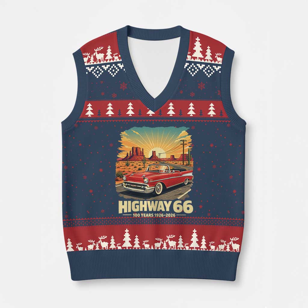 Vintage Route Highway 66 100th Anniversary Souvenir V-Neck Knit Sweater Vest TS14 Navy Red Print Your Wear