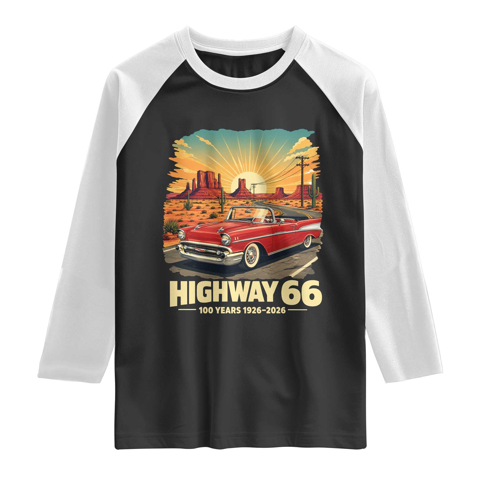 Vintage Route Highway 66 100th Anniversary Souvenir Raglan Shirt TS14 Black White Print Your Wear