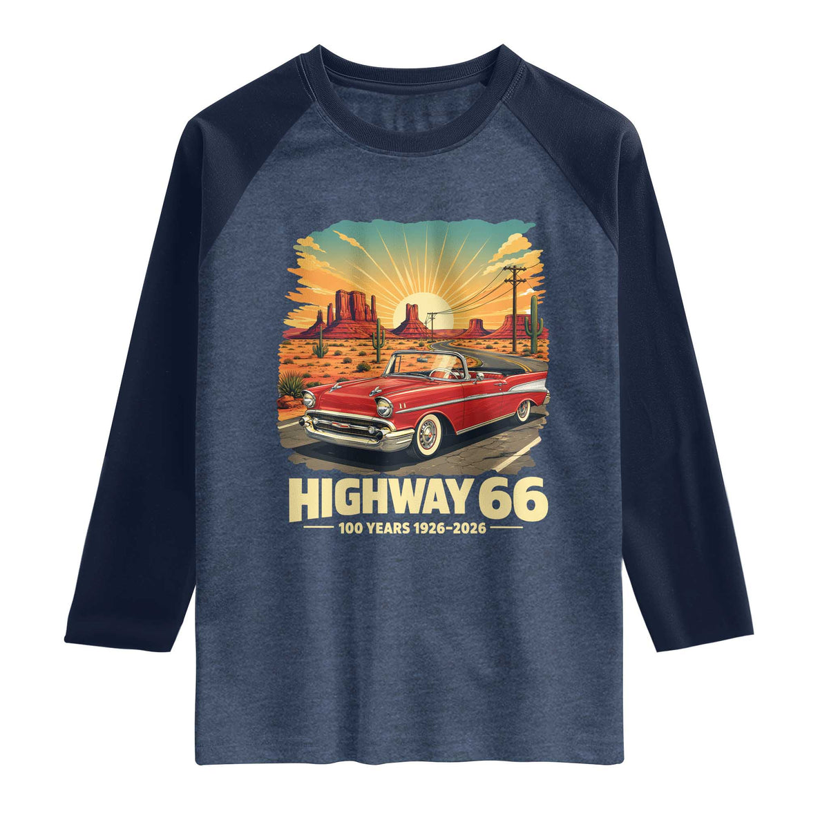 Vintage Highway 66 100th Anniversary Souvenir Raglan Shirt TS14 Heather Denim Navy Print Your Wear