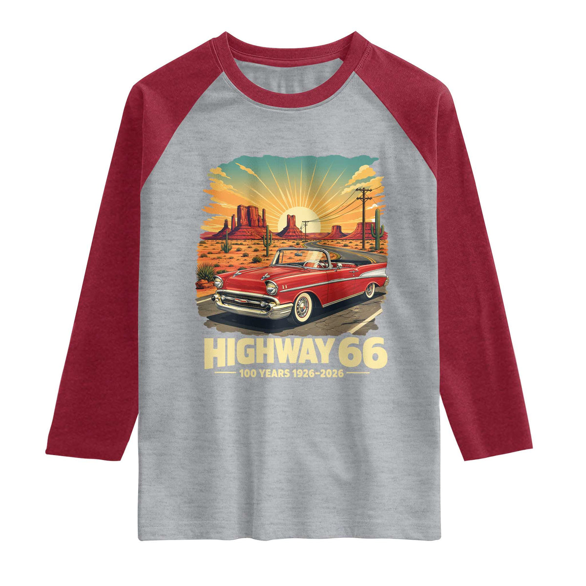 Vintage Highway 66 100th Anniversary Souvenir Raglan Shirt TS14 Heather Gray Heather Red Print Your Wear