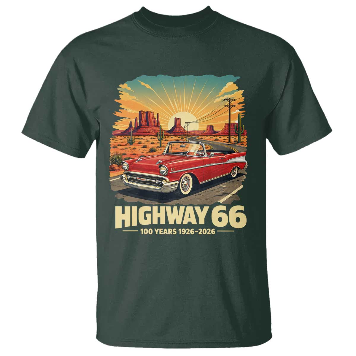 Vintage Highway 66 100th Anniversary Souvenir T Shirt TS14 Dark Forest Green Print Your Wear