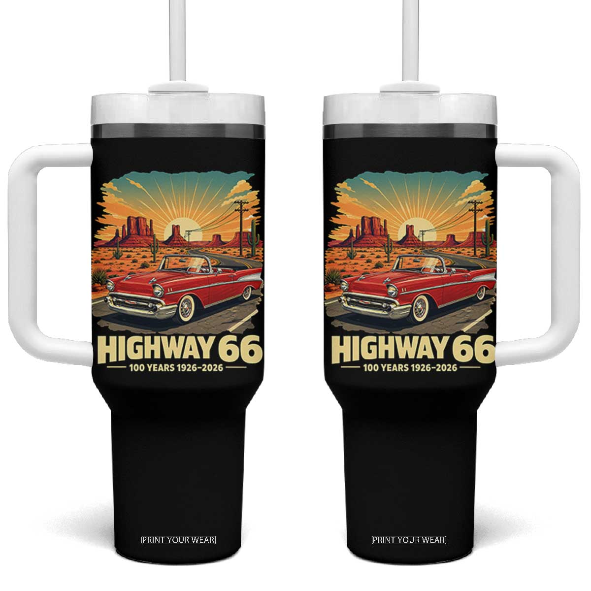 Vintage Highway 66 100th Anniversary Souvenir Tumbler With Handle TS14 One Size: 40 oz Black Print Your Wear