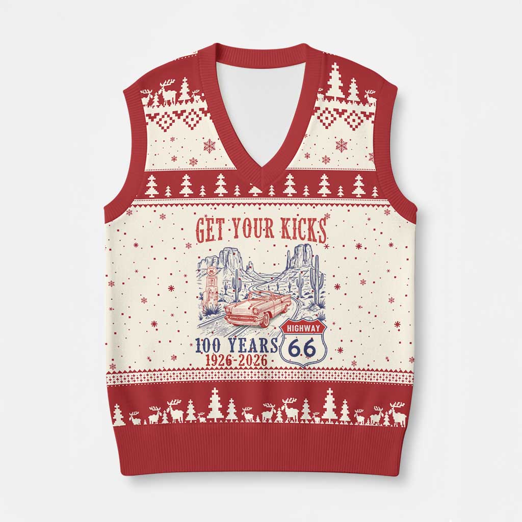 Route Highway 66 Get Your Kicks Centennial Road Trip 1926-2026 V-Neck Knit Sweater Vest TS14 Beige Red Print Your Wear