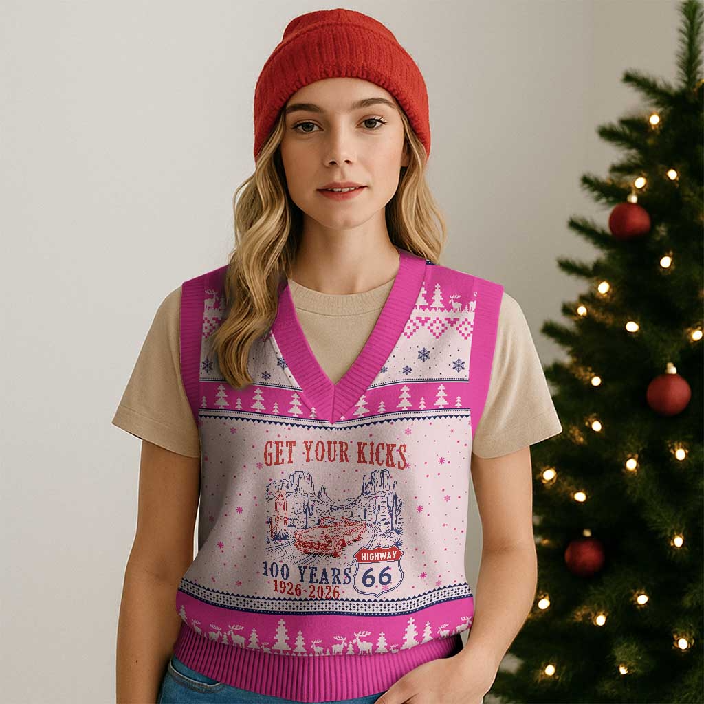 Highway 66 Get Your Kicks Centennial Road Trip 1926-2026 V-Neck Knit Sweater Vest TS14 Hot Pink Print Your Wear