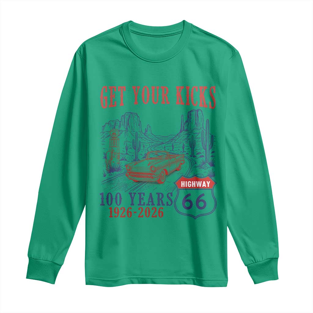 Highway 66 Get Your Kicks Centennial Road Trip 1926-2026 Long Sleeve Shirt TS14 Irish Green Print Your Wear