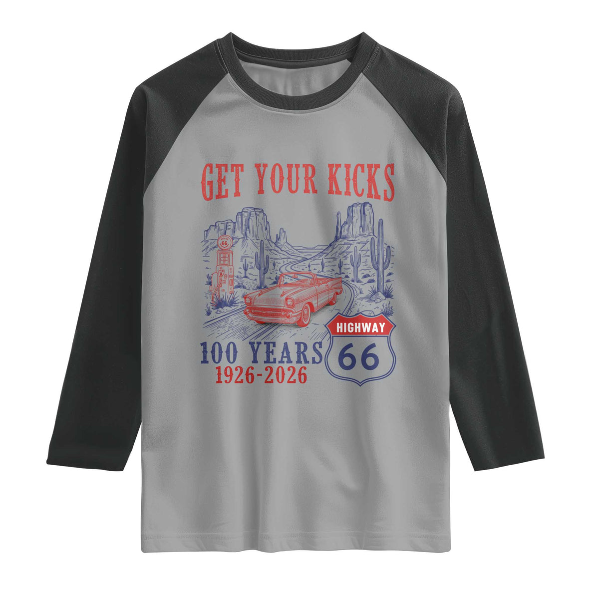 Highway 66 Get Your Kicks Centennial Road Trip 1926-2026 Raglan Shirt TS14 Sport Gray Black Print Your Wear
