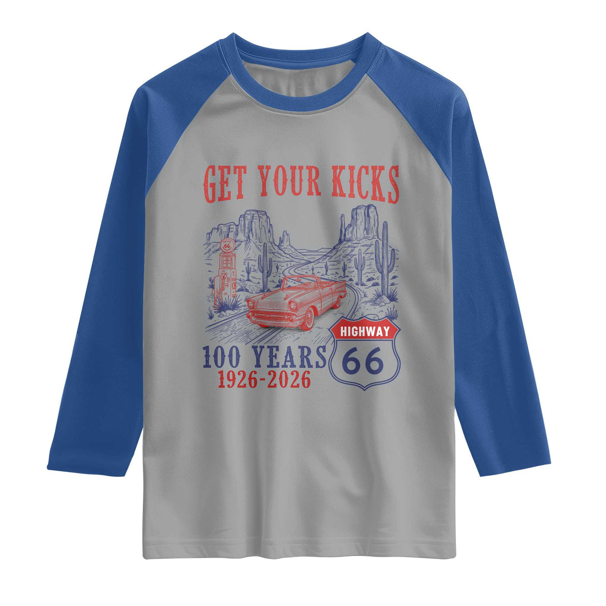 Highway 66 Get Your Kicks Centennial Road Trip 1926-2026 Raglan Shirt TS14 Sport Gray Royal Print Your Wear