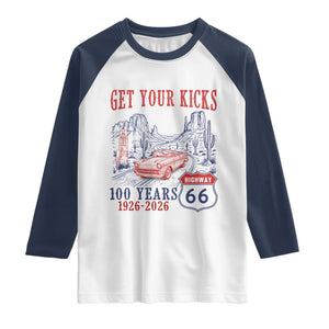 Highway 66 Get Your Kicks Centennial Road Trip 1926-2026 Raglan Shirt TS14 White Navy Print Your Wear