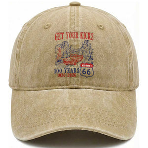 Highway 66 Get Your Kicks Centennial Road Trip 1926-2026 Washed Cotton Baseball Cap TS14 Print Your Wear