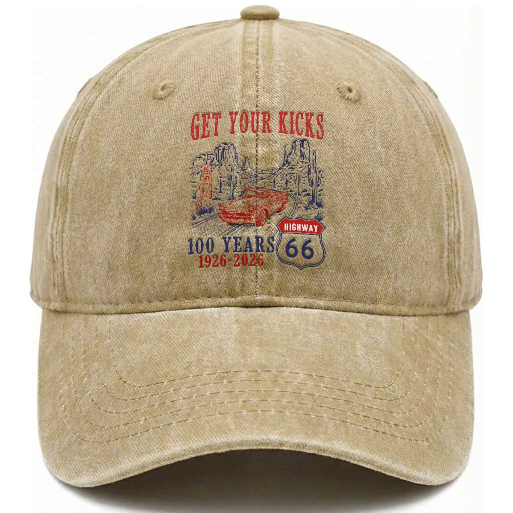 Route Highway 66 Get Your Kicks Centennial Road Trip 1926-2026 Washed Cotton Baseball Cap TS14 Print Your Wear