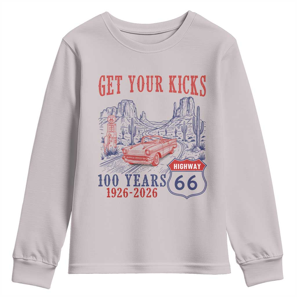 Highway 66 Get Your Kicks Centennial Road Trip 1926-2026 Youth Sweatshirt TS14 Ice Gray Print Your Wear