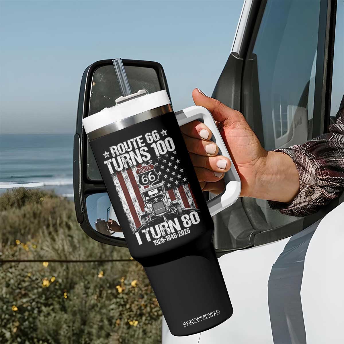 Route Highway 66 Turns 100 I Turn 80 Tumbler With Handle Vintage 1946 America Road Sign America Antique Car Lover 80th Birthday Gift