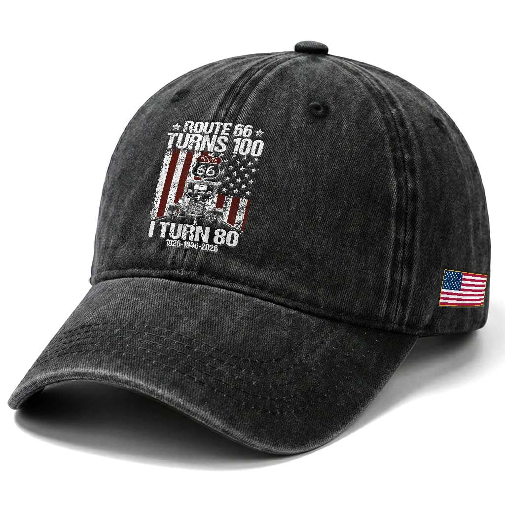 Route Highway 66 Turns 100 I Turn 80 Washed Cotton Baseball Cap Vintage 1946 America Road Sign America Antique Car Lover 80th Birthday Gift