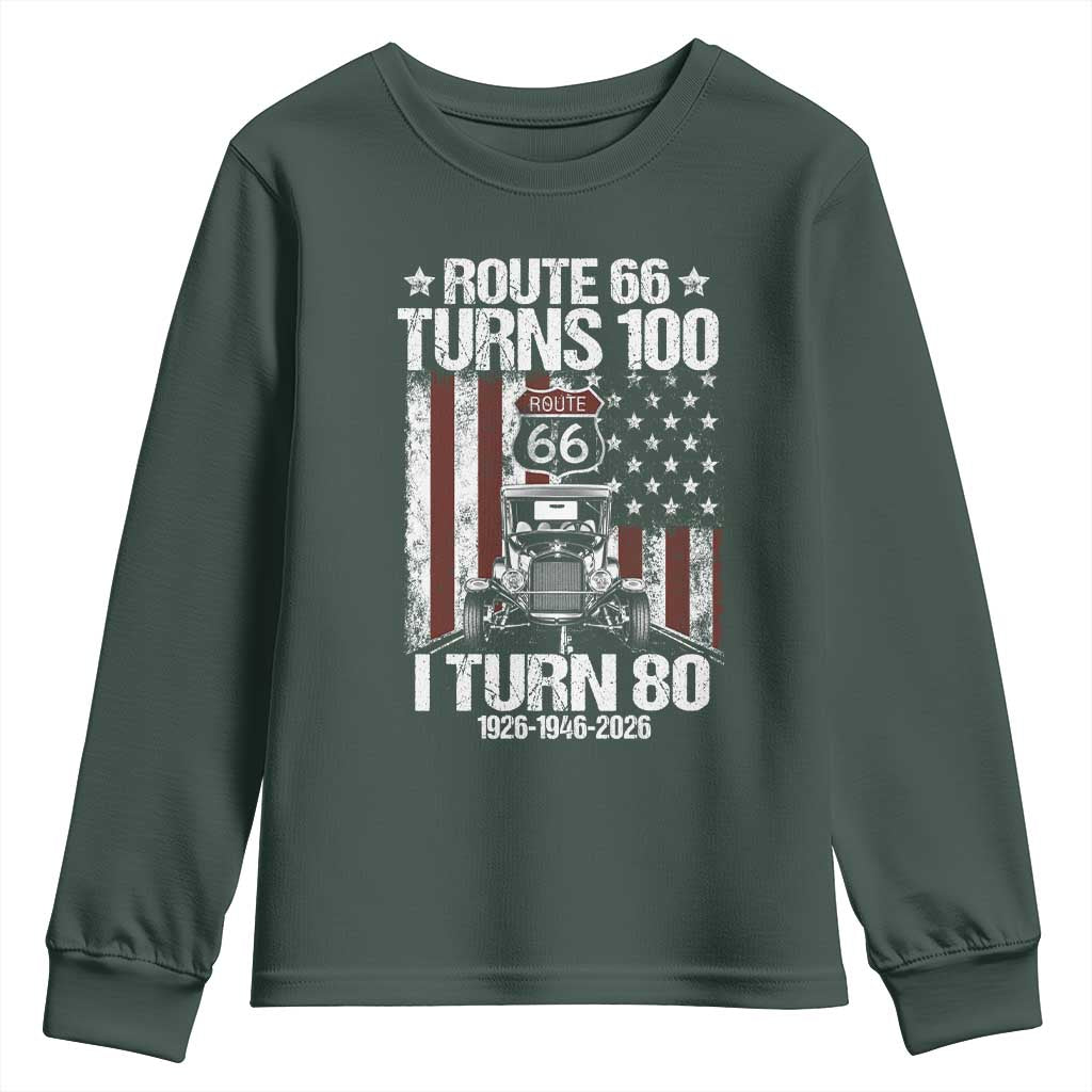 Route Highway 66 Turns 100 I Turn 80 Youth Sweatshirt Vintage 1946 America Road Sign America Antique Car Lover 80th Birthday Gift