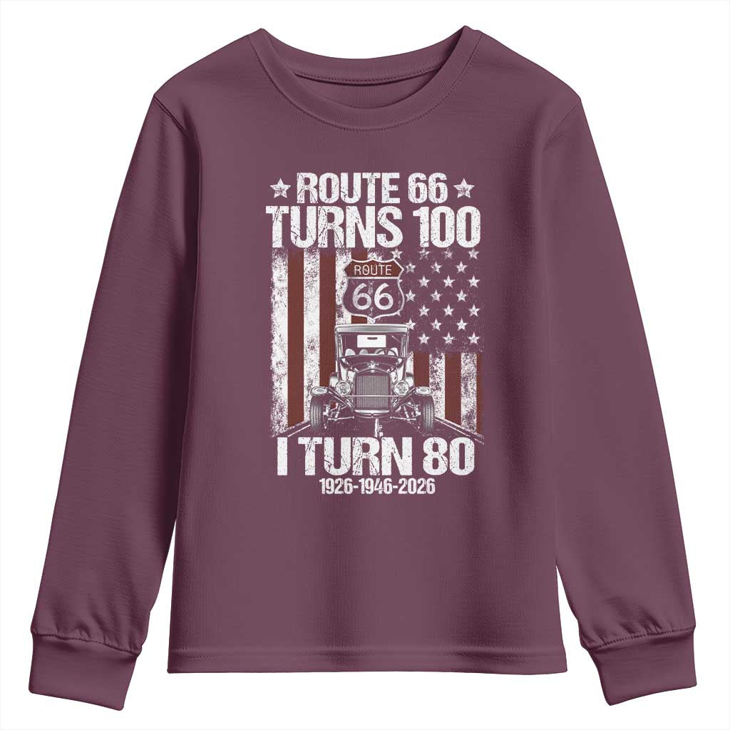Route Highway 66 Turns 100 I Turn 80 Youth Sweatshirt Vintage 1946 America Road Sign America Antique Car Lover 80th Birthday Gift