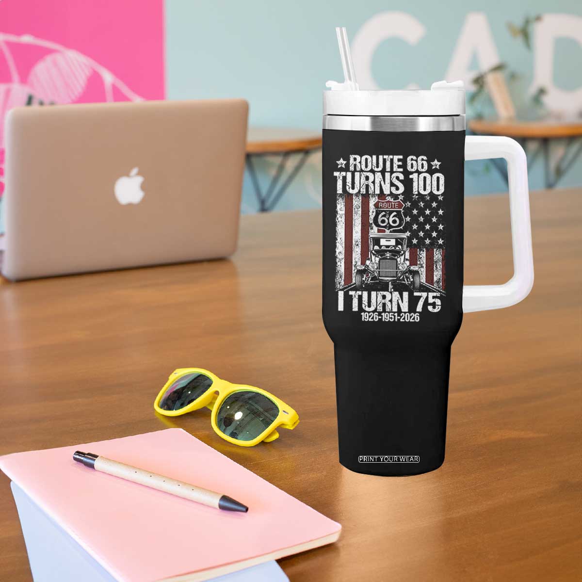 Route Highway 66 Turns 100 I Turn 75 Tumbler With Handle Vintage 1951 America Road Sign America Antique Car Lover 75th Birthday Gift
