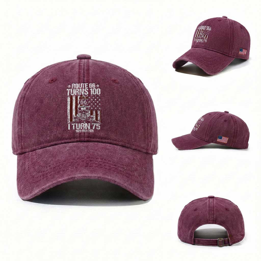 Route Highway 66 Turns 100 I Turn 75 Washed Cotton Baseball Cap Vintage 1951 America Road Sign America Antique Car Lover 75th Birthday Gift
