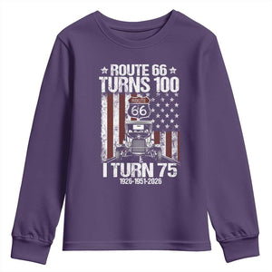 Route Highway 66 Turns 100 I Turn 75 Youth Sweatshirt Vintage 1951 America Road Sign America Antique Car Lover 75th Birthday Gift