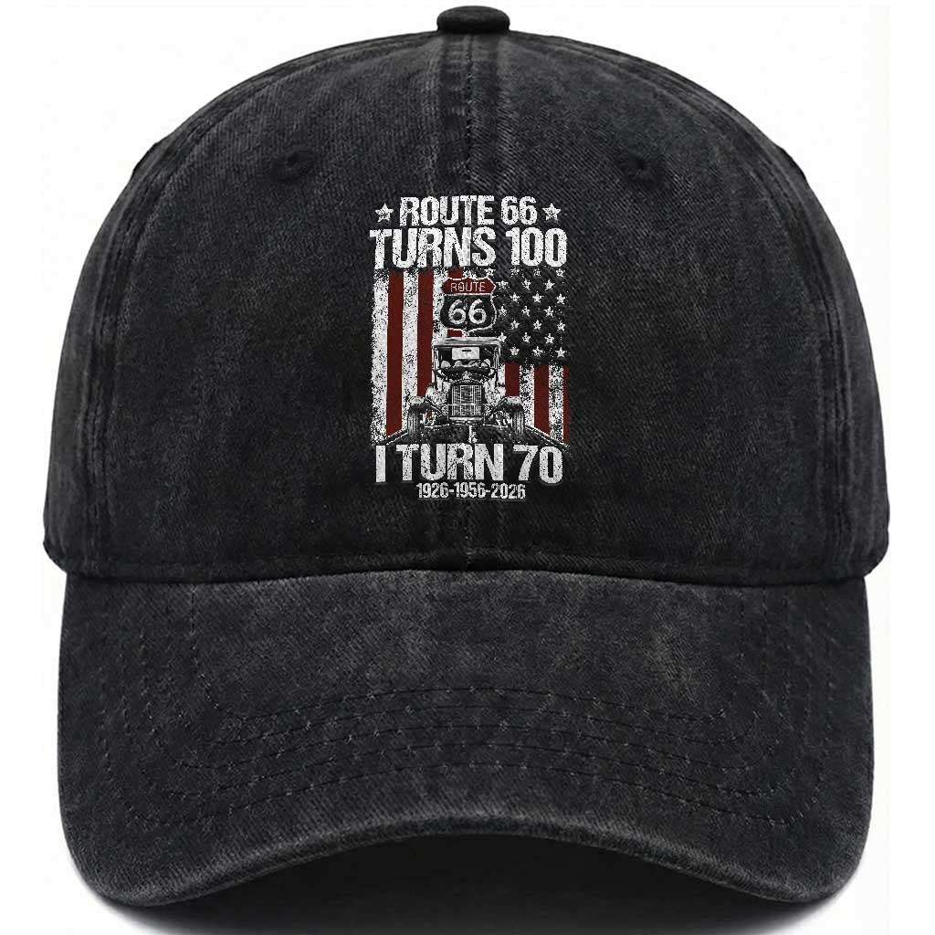 Route Highway 66 Turns 100 I Turn 70 Washed Cotton Baseball Cap Vintage 1956 America Road Sign America Antique Car Lover 70th Birthday Gift