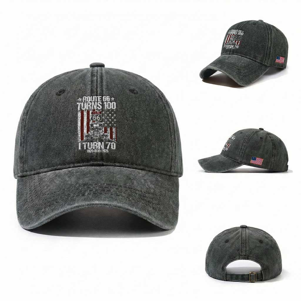 Route Highway 66 Turns 100 I Turn 70 Washed Cotton Baseball Cap Vintage 1956 America Road Sign America Antique Car Lover 70th Birthday Gift
