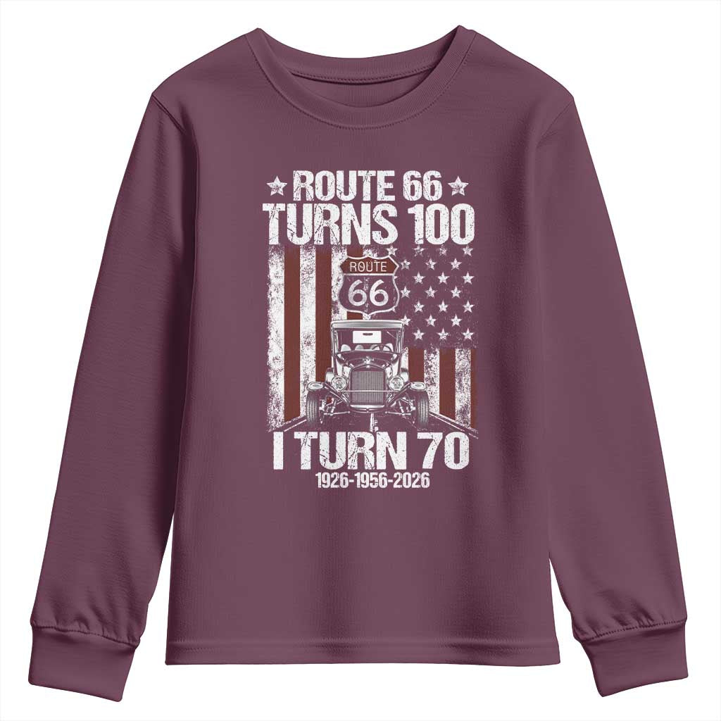 Route Highway 66 Turns 100 I Turn 70 Youth Sweatshirt Vintage 1956 America Road Sign America Antique Car Lover 70th Birthday Gift